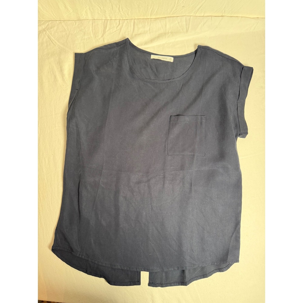 Six Fifty Womens Navy Blue‎ Short Sleeve Split Back Pocket Blouse Top Size S